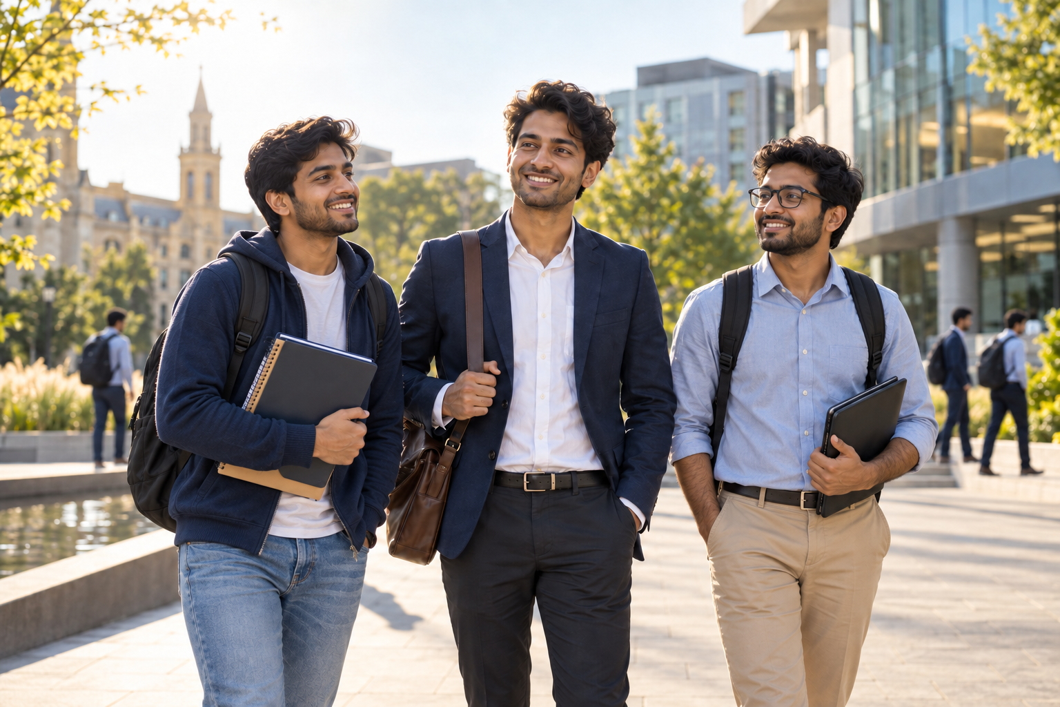 Students and professionals in a university city plaza